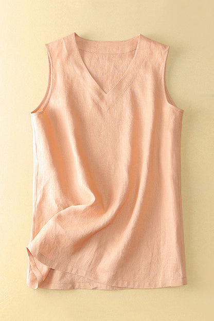 White Linen Sleeveless Vest - V-Neck Casual Summer Top 3658