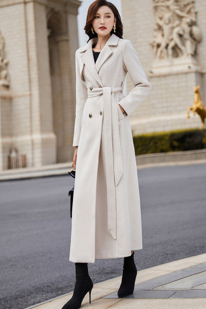 Beige Wool Coat – Handmade Long Double Breasted Belted Winter Overcoat for Women 3978