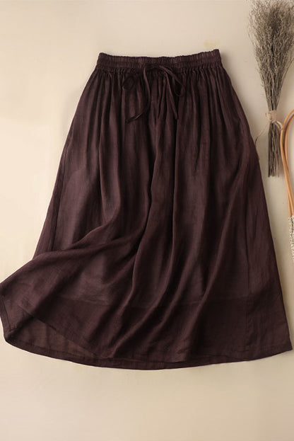 Rust Red Linen Maxi Skirt - Elastic Waist A-Line Silhouette 3593