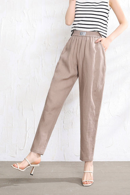 Beige Linen Pants - Elastic Waist, Relaxed Fit 3513