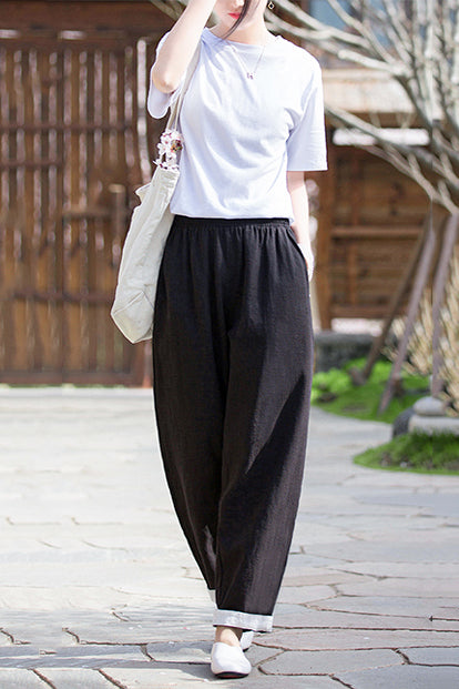 Navy Linen Blend Wide Leg Pants - Vintage Inspired Elastic Waist 3671