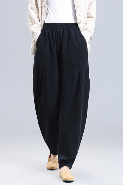 Beige Linen Wide Leg Pants - Elastic Waist, Four Pockets 3667