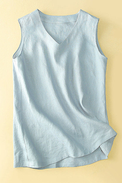White Linen Sleeveless Vest - V-Neck Casual Summer Top 3658