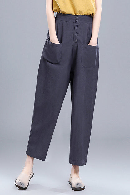 Wine Red Linen Cotton Wide Leg Pants - Vintage High Waist 3670