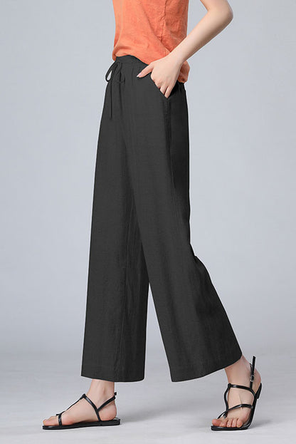 Brown Linen Wide Leg Pants - Elastic Waist, Loose Fit 3520