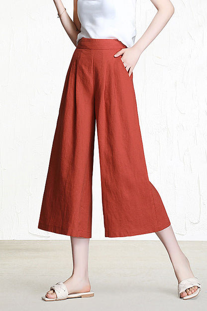 Yellow Linen Wide Leg Pants - Back Elastic Waist, Front Pockets 3523