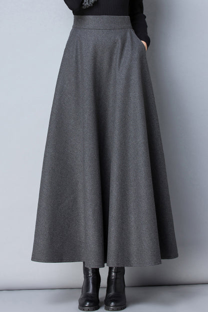 Dark Grey Wool Long Skirt - Full Flowy Ankle Length 3790