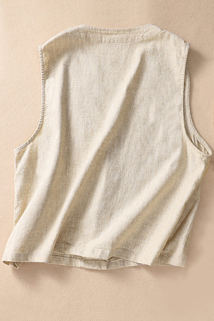 Beige Linen Cotton Vest - Vintage Inspired V-Neck Sleeveless 3645