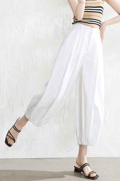 Beige Linen Wide Leg Pants - Casual Relaxed Fit with Elastic Waist 3516