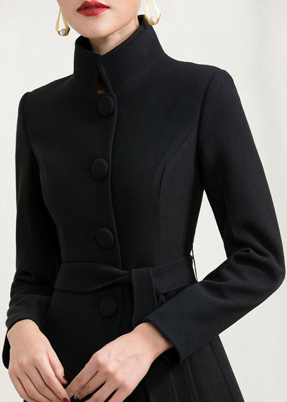 Black Wool Maxi Coat - High Collar, Fit and Flare Silhouette 2957