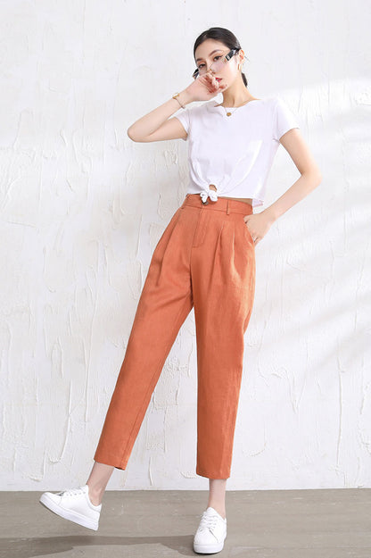 Rust Brown Linen Casual Pants - Loose Fit, Elastic Waist 3512