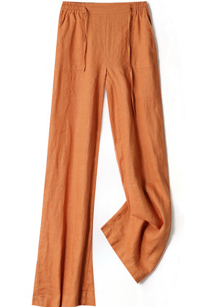 Rust Brown Linen Wide Leg Pants - Elastic Waist, Side Pockets 3506