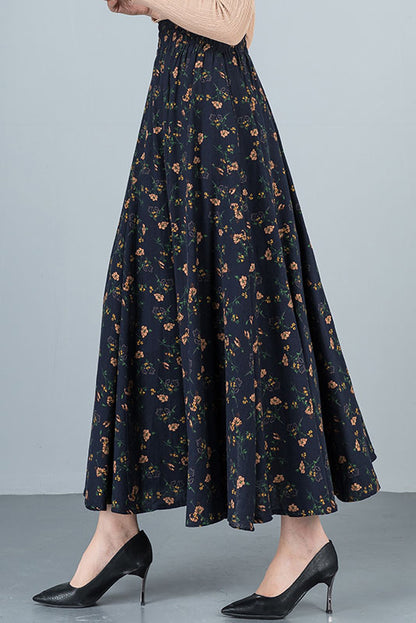 High Waist Floral Cotton Linen Skirt 4109