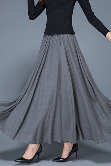 Emerald Green Linen Cotton Maxi Skirt - Pleated, Elastic Waist 4089