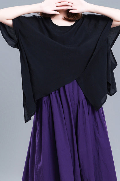 Grey Linen Casual Top - Round Neck Asymmetrical Hem 3675