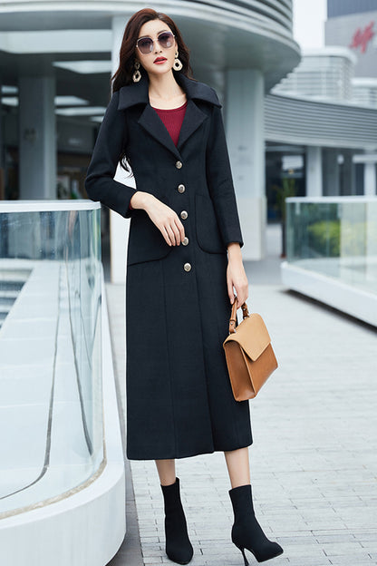 Black Wool Coat – Handmade Long Slim Fit Button Front Winter Overcoat for Women 3976