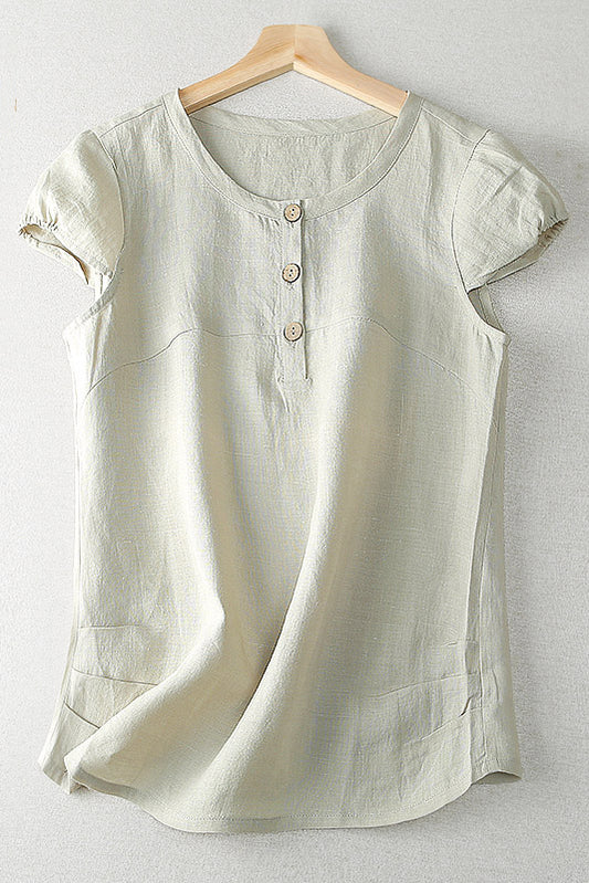 Summer Linen Women Short Sleeve Thin Tops 3653