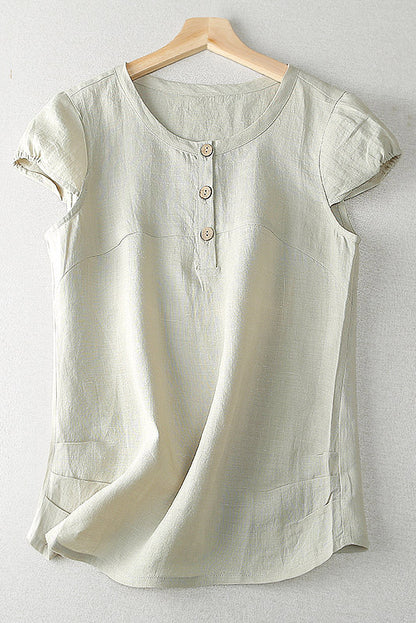 Apricot Linen Short Sleeve Top - Front Button Closure 3653