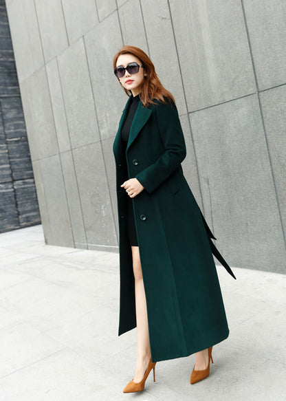 Handmade Wool Blend Coat – Dark Green Long Winter Trench Style | Xiaolizi 2458