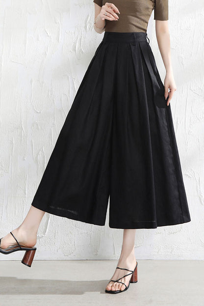 Wine Red Linen Wide Leg Pants - Back Elastic Waist, Front Pockets 3528