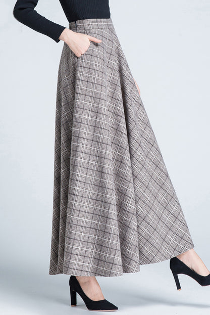 Beige Wool Swing Maxi Skirt - Elastic Waist Plaid Elegance 3936