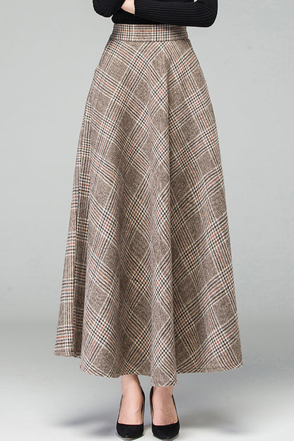 Long A-Line Plaid Wool Skirt 3926