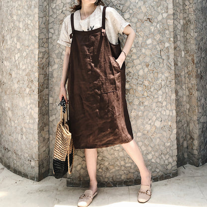 Beige Cotton Linen Apron Dress - Adjustable Strap Midi with Pockets 2809