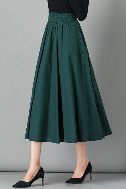 Emerald Green Linen Midi Skirt - High Waist Pleated Casual Style 4103
