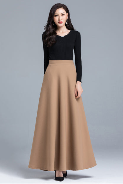 Navy Cotton Blend Maxi Skirt - A-Line Silhouette with Back Elastic Waist 4090