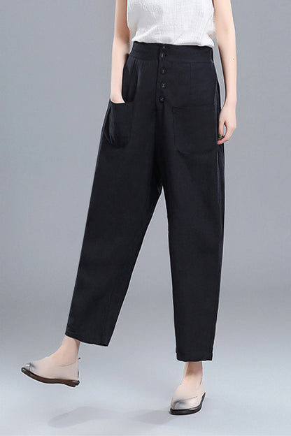 Wine Red Linen Cotton Wide Leg Pants - Vintage High Waist 3670