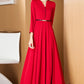 Red V-neck Single breasted dress, High waist Long dress 3199