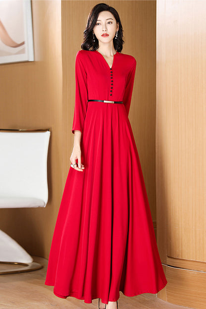 Red Polyester Maxi Dress - Fit and Flare V-Neck with High Waist 3199