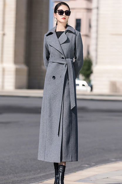 Gray Wool Maxi Coat - Double Breasted with Belt 3193