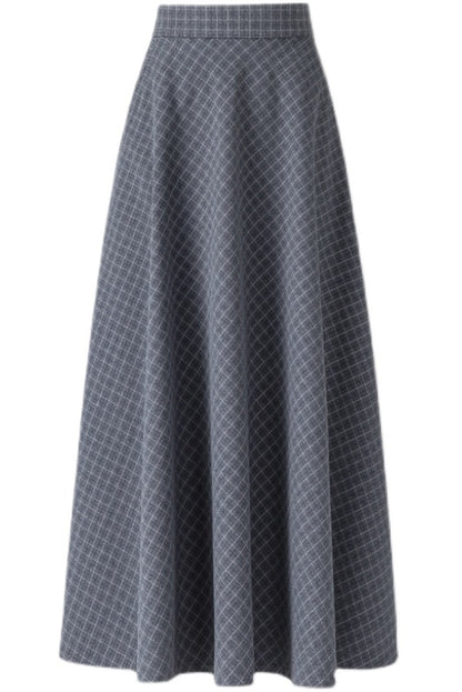Grey Wool Maxi Skirt - Plaid Patterned, Elastic Waist 3937