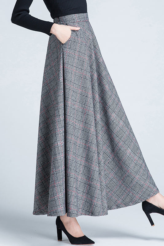 High Waist Plaid Wool Skirt 3945