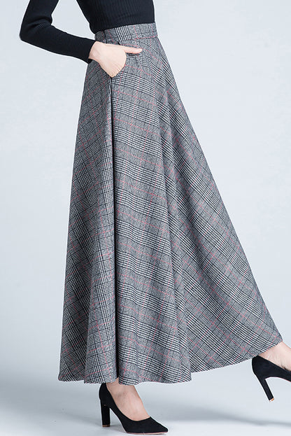 Plaid Wool Skirt - High Waist Ankle Length with Full Silhouette 3945