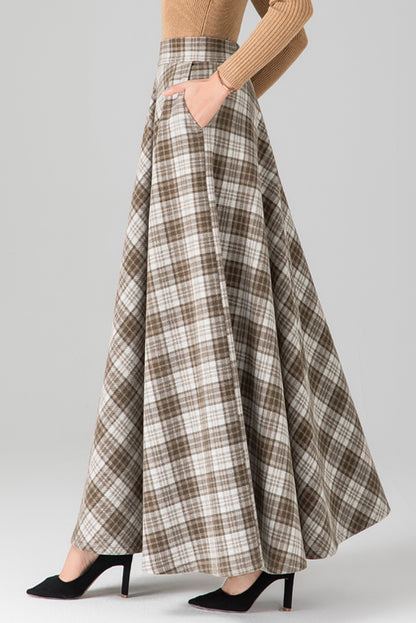 Beige Wool A-Line Maxi Skirt - Plaid Pattern with Elastic Waist 3938