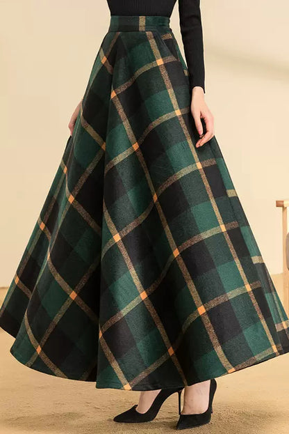Green Wool Maxi Skirt - Vintage Plaid High-Waist A-Line 3949