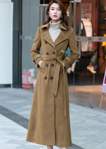 Navy Wool Maxi Coat - Double Breasted A-Line with Belt 2459