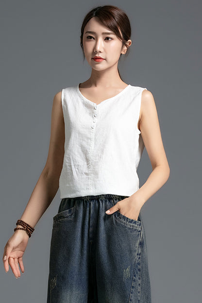 Linen V-Neck Tank Top - High Low Hem Sleeveless Summer | Xiaolizi 3407