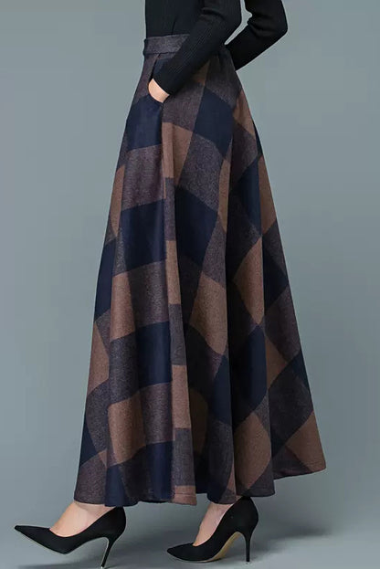 Long Thick Plaid Wool Skirt 3947