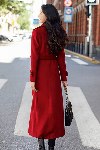 Red Wool Blend Long Coat - Double Breasted and Belted 3190