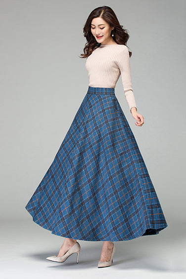 Blue Wool Plaid Maxi Skirt - Vintage Full Flowy Silhouette 3925