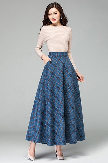 Blue Wool Plaid Maxi Skirt - Vintage Full Flowy Silhouette 3925