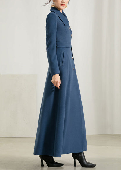 Blue Wool Maxi Coat - Fit and Flare Silhouette with Belt 2949