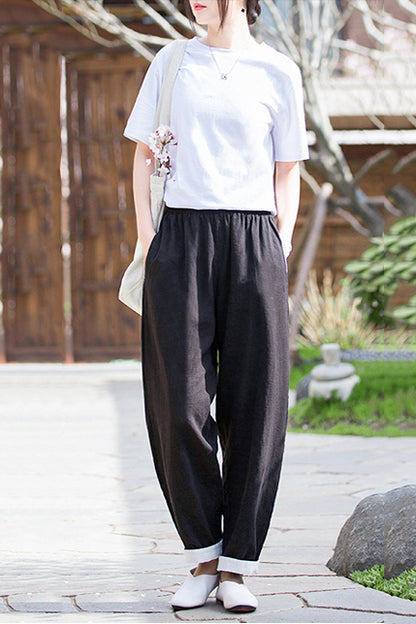 Navy Linen Blend Wide Leg Pants - Vintage Inspired Elastic Waist 3671