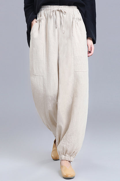 Black Linen Wide Leg Pants - Loose Fit Elastic Waist Bloomers 3669