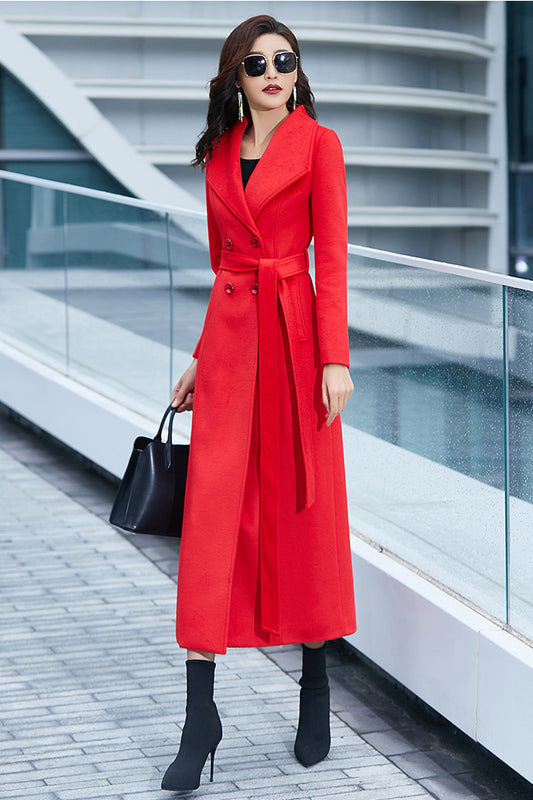 Handmade Red Wool Coat – Elegant Double-Breasted Belted Long Winter Overcoat | Xiaolizi 3981