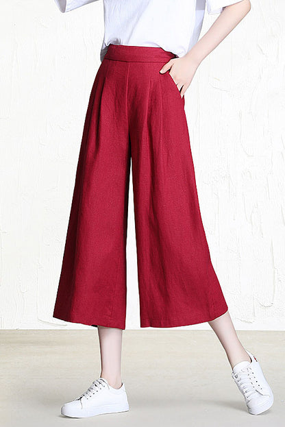 Yellow Linen Wide Leg Pants - Back Elastic Waist, Front Pockets 3523
