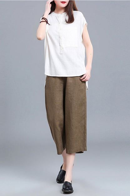 White Linen Cotton Short Sleeve Top - Loose Fit with Front Pocket 3677